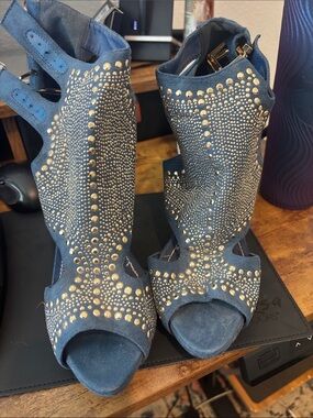 Studded Navy Blue Peep-Toe Women's Heels